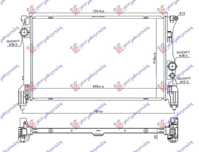 HLADNJAK MOTORA 2.2 (114/116/119 CDI/BLUETEC) (690x418x26) (NOSACI DOLE) (NRF)